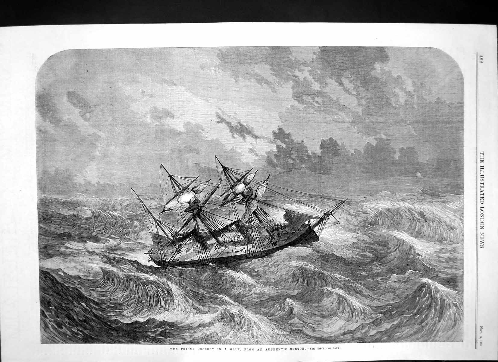 Original Old Antique Print Prince Consort Gale Stormy Seas Tossing Waves 1863