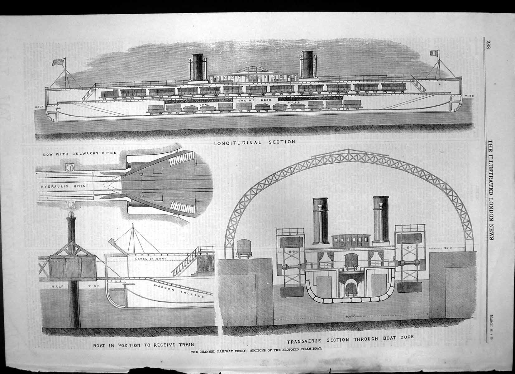 Antique Print Plan Proposed Channel Railway Ferry Sections Steam Boat 1870 19th