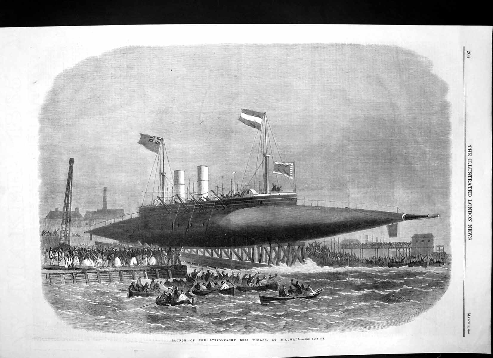 Original Old Antique Print Launch Steam Yacht Ross Winans Millwall 1866 19th