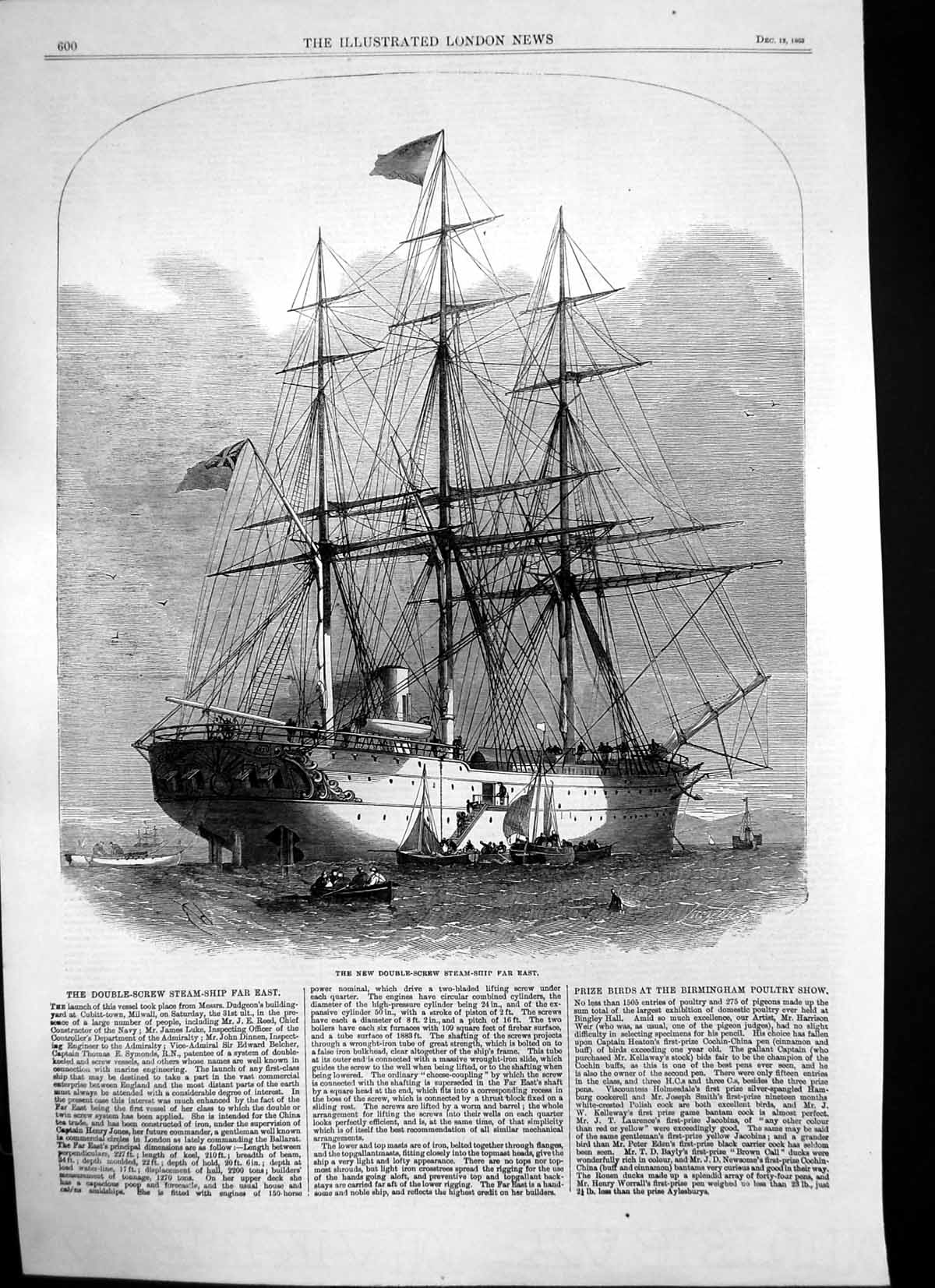 Original Old Antique Print New Double Steam-Ship Far East Millwall 1863 19th
