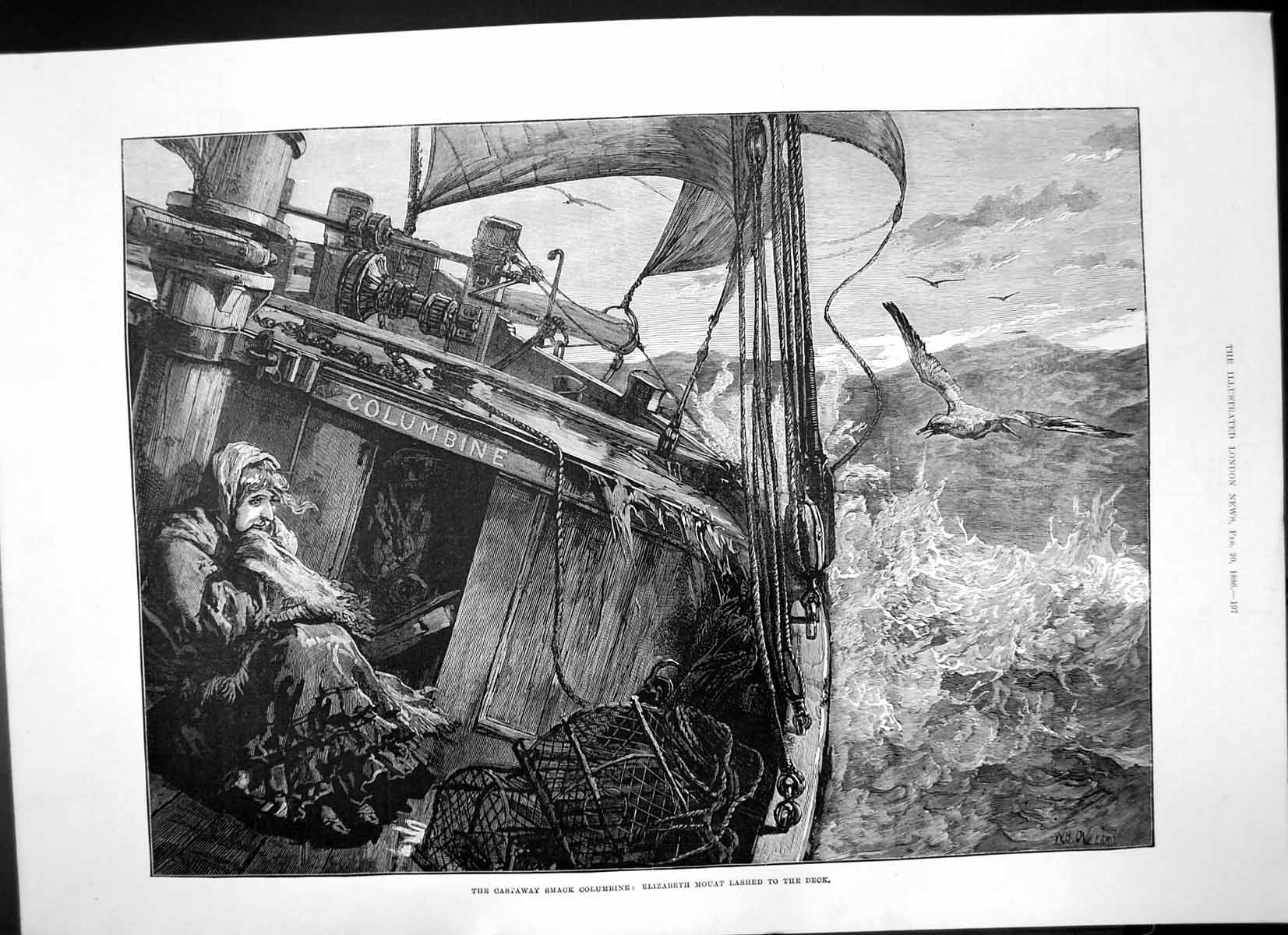 Antique Old Print Elizabeth Mouat Lashed Deck Castaway Smack Colombine 1886