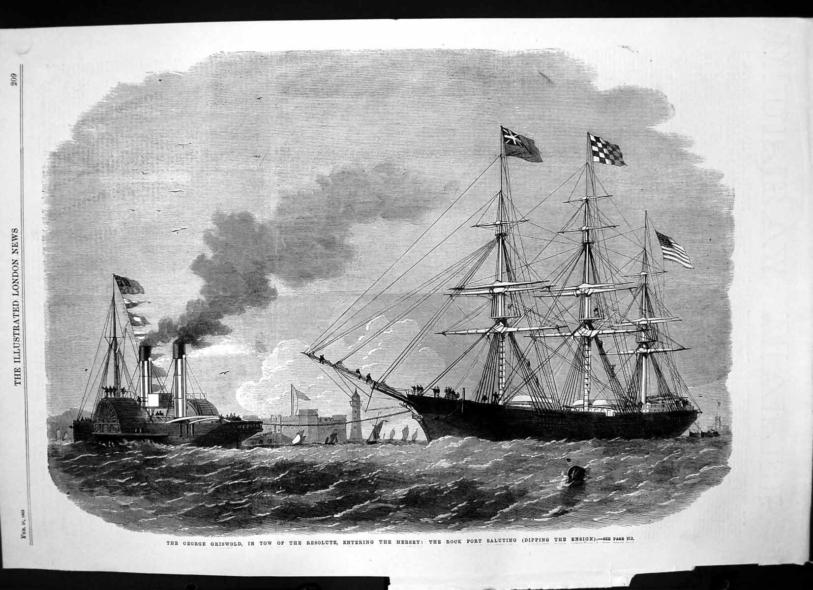 Old Antique Print George GriswTow Resolute Mersey Rock Fort Salute 1863 19th