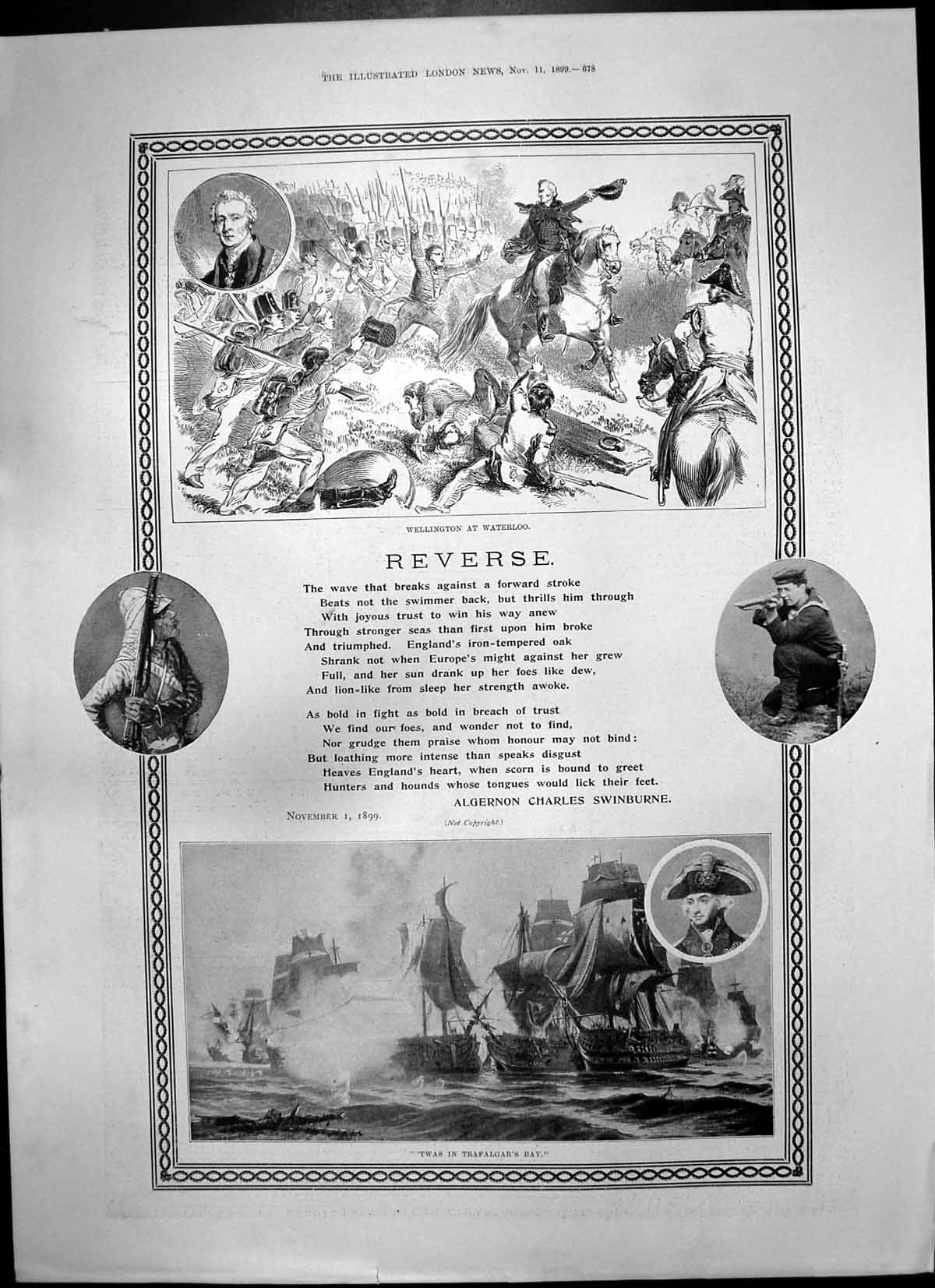 Antique Old Print Reverse Trafalgars Bay Sier Sailor Wellington Waterloo1899