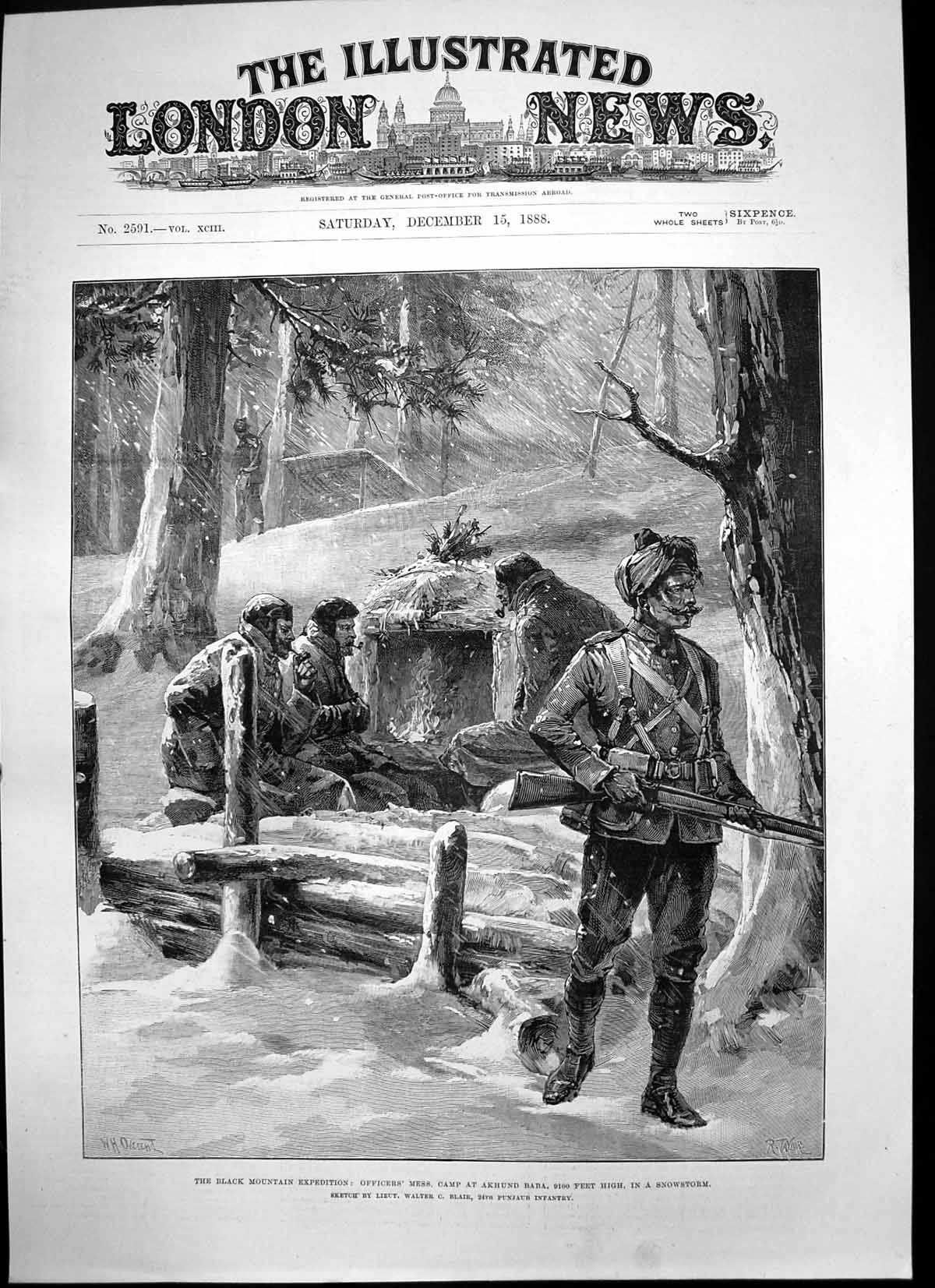 Antique Old Print Officers Mess Camp Akhund Baba 9100Ft High Snowstorm 1888