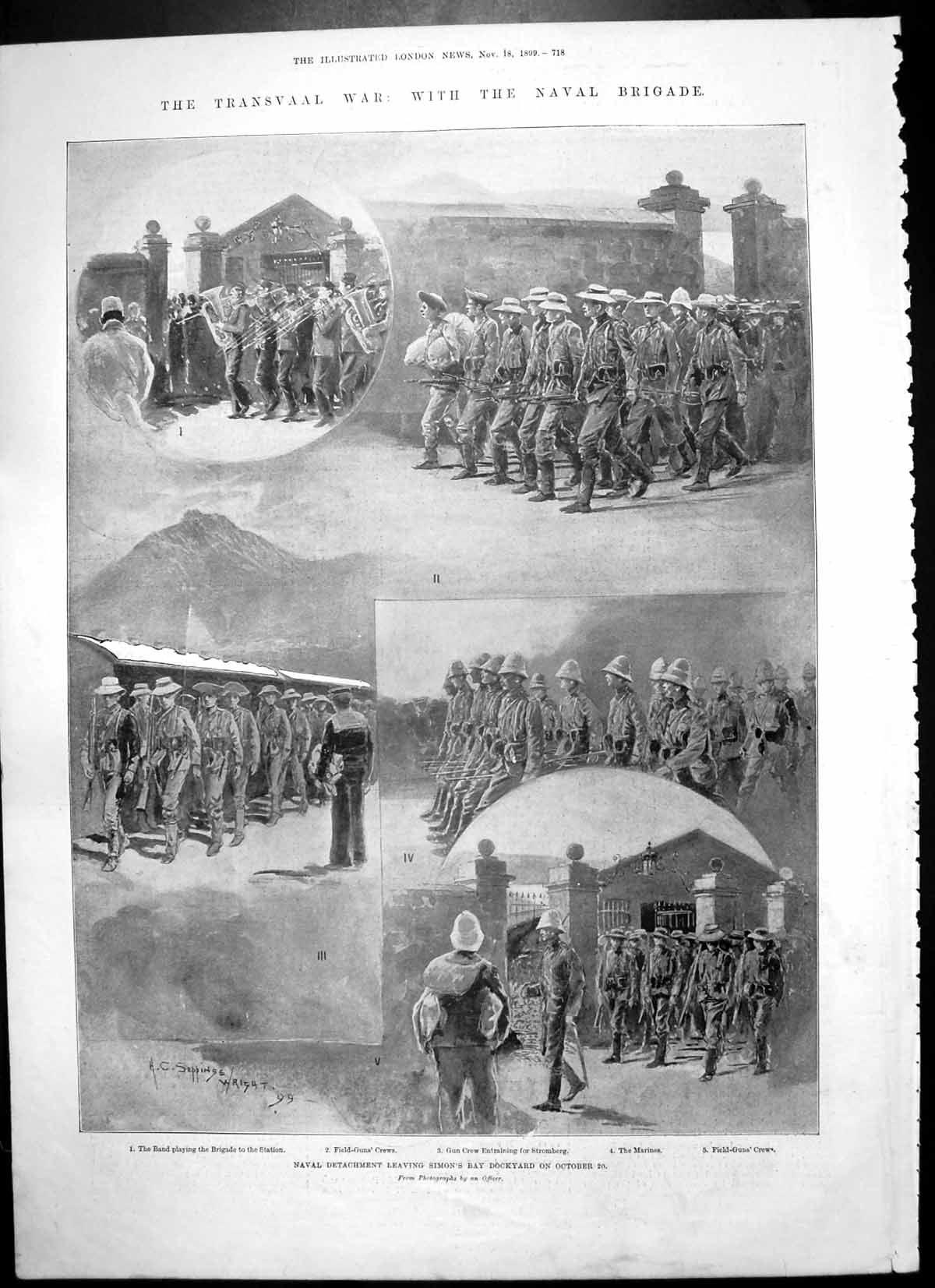 Antique Old Print Transvaal War Naval Brigade Marines Field Gun Crews 1899 19th