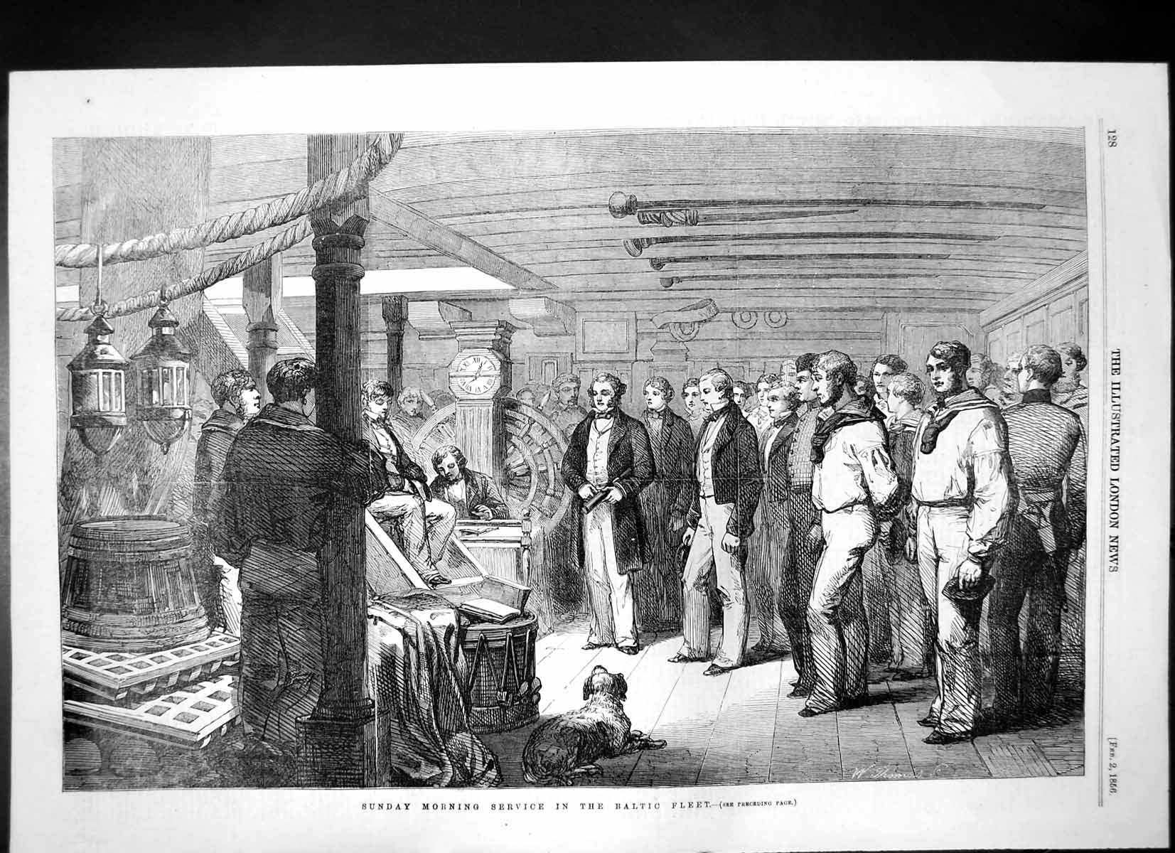 Original Old Antique Print Sunday Morning Service Baltic Fleet Sailors Dog 1856