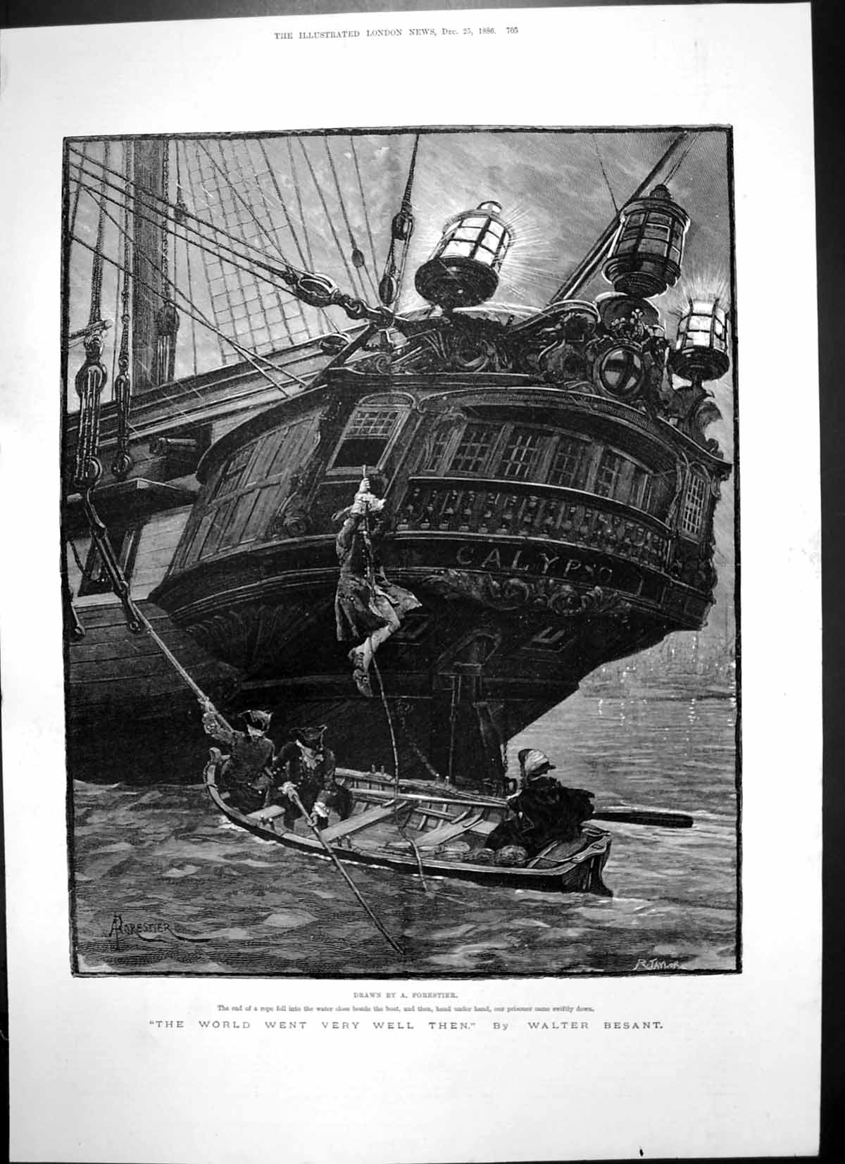 Original Old Antique Print World Went Very Well Then Escape Rope Ship Boat 1886