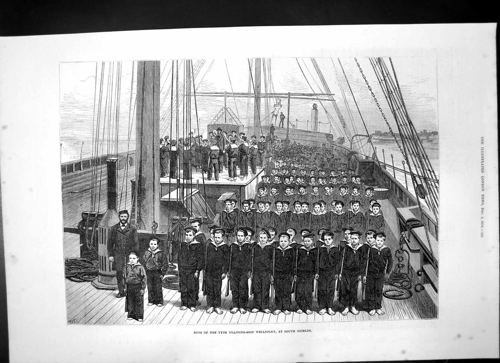Original Old Antique Print Boys Tyne Training Ship Wellesley South Shields 1876