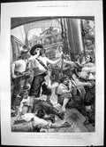 Antique Old Print World Went Very Well Then Men Ship Fighting Drinking 1886