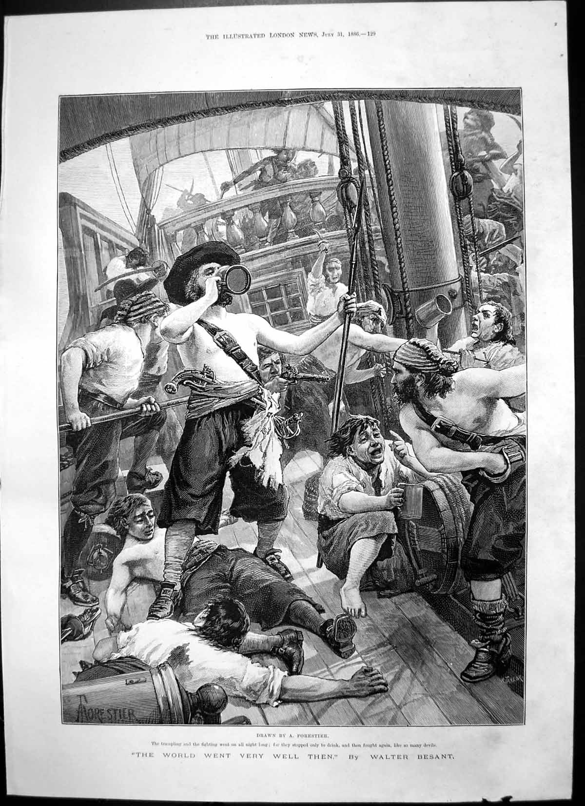 Antique Old Print World Went Very Well Then Men Ship Fighting Drinking 1886