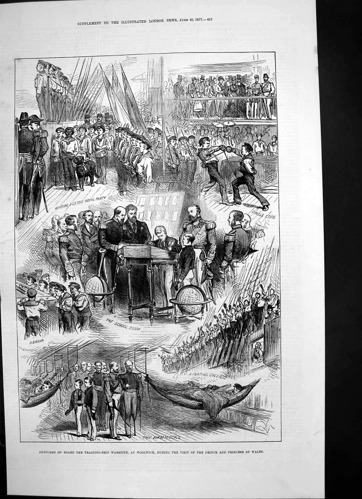 Antique Old Print Training Ship Warspite Woolwich Prince Princess Wales 1877