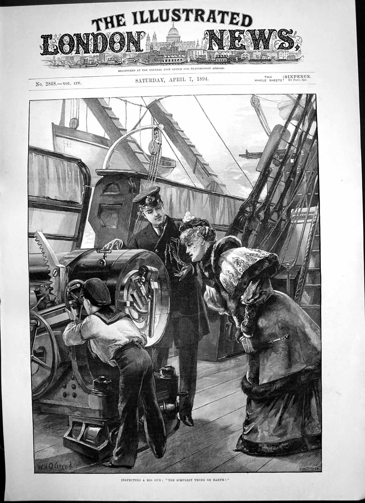 Antique Old Print Lady Inspecting Big Gun Ship Simplest Thing On Earth 1894