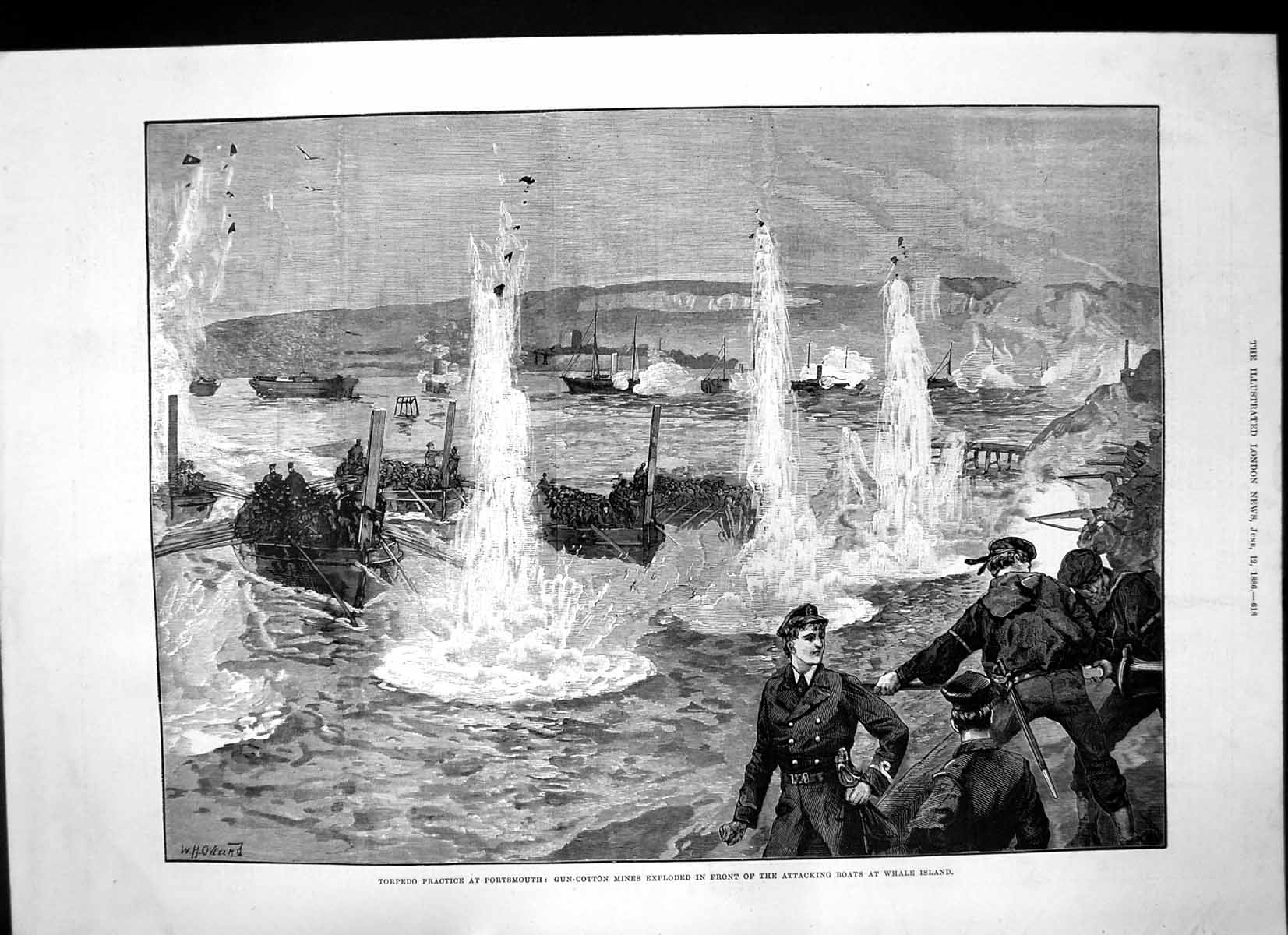 Antique Print Torpedo Practice Portsmouth Gun Cotton Mines Whale Isle 1886 19th