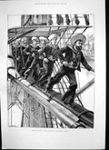 Original Old Antique Print Naval Review Manning Yards Queens Coming 1889 19th