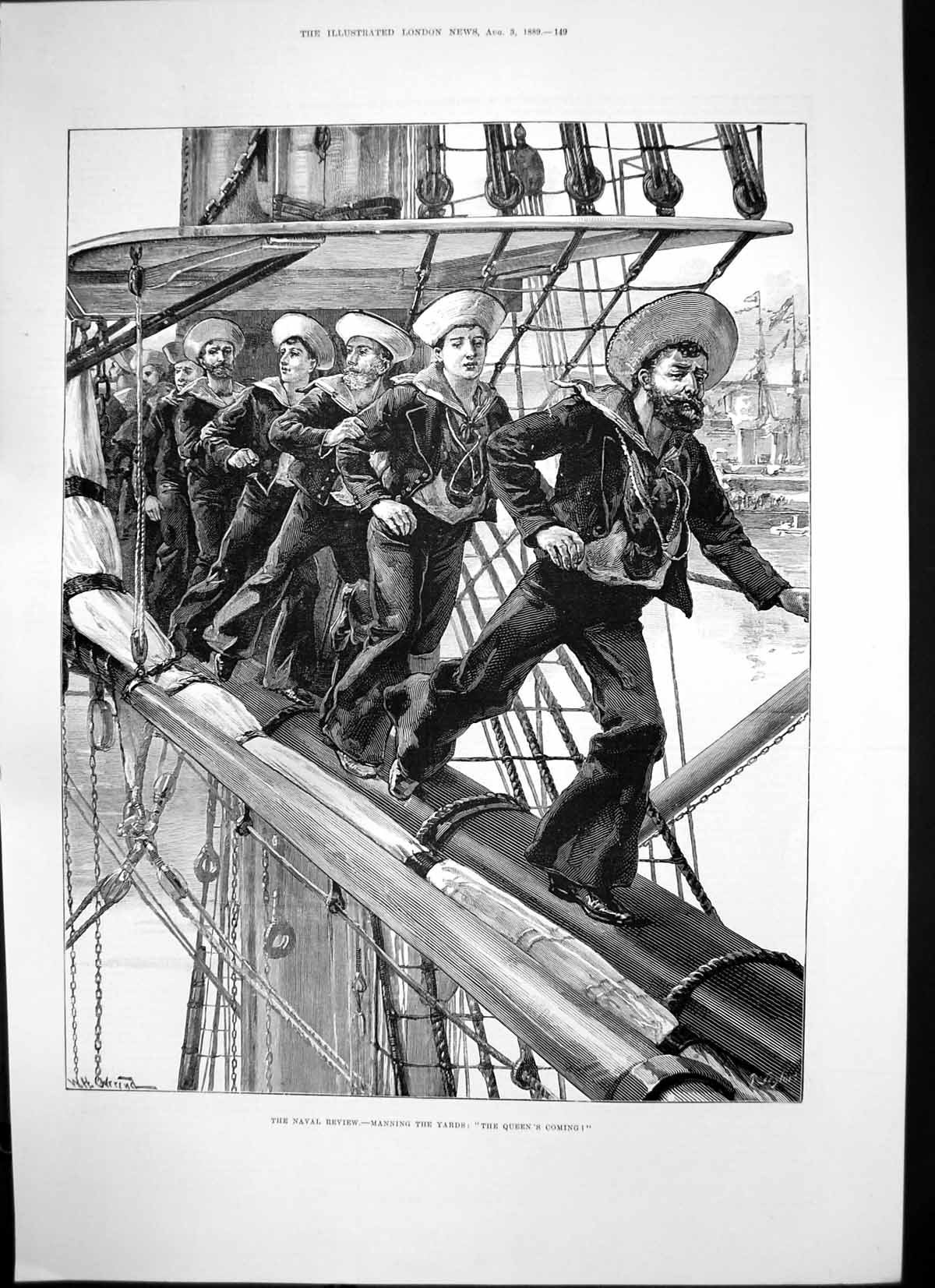 Original Old Antique Print Naval Review Manning Yards Queens Coming 1889 19th
