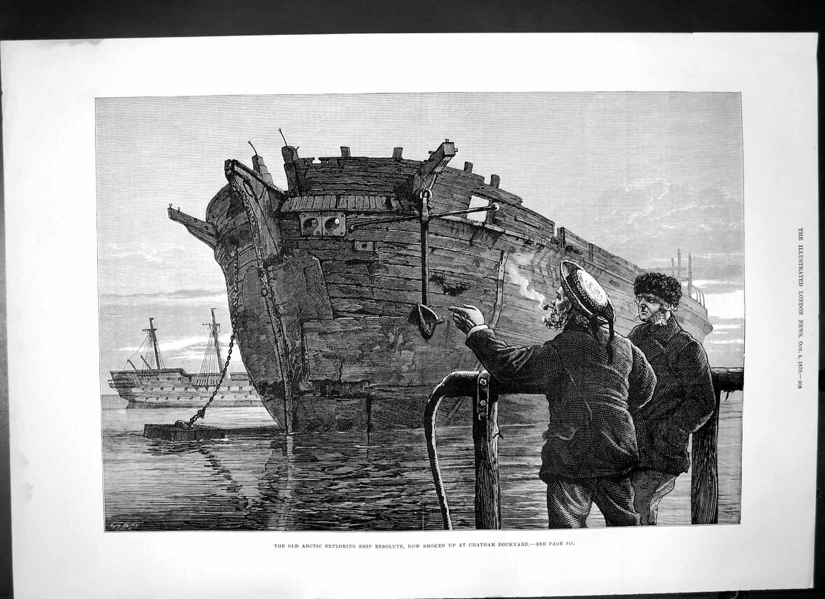 Antique Old Print Arctic Exploring Ship Resolute Broken Up Chatham Dock 1879
