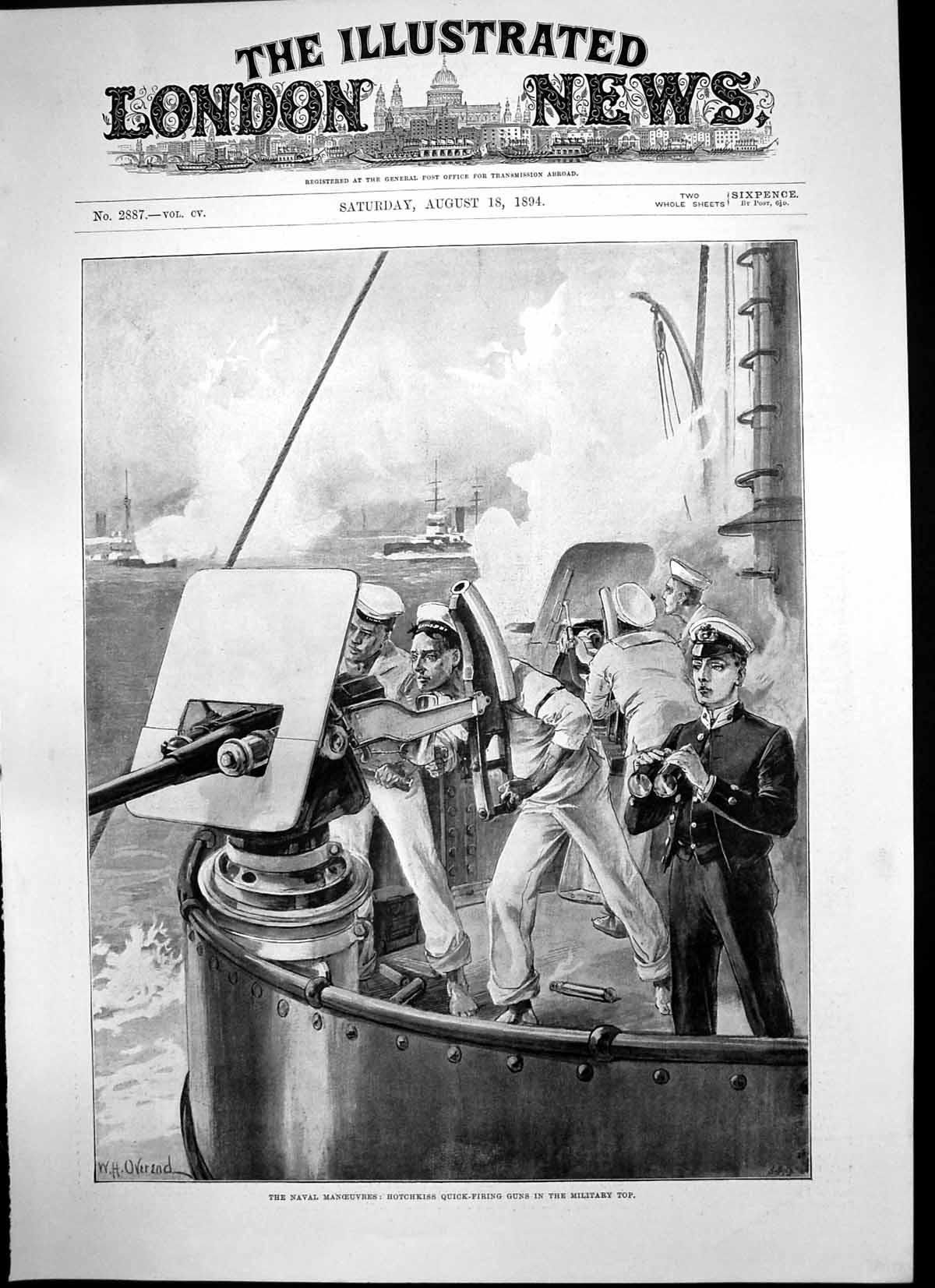 Old Print Naval Manoeuvres Hotchkiss Quick Firing Guns Military Top 1894 19th