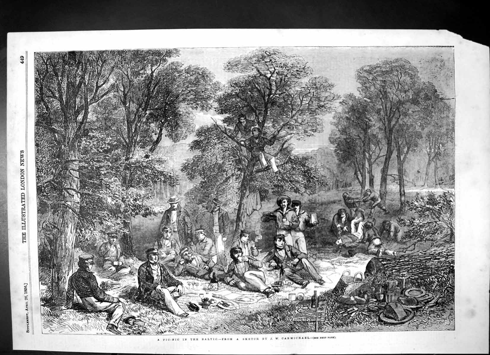 Antique Old Print Picnic Baltic Jw Carmichael Large Group Woods Eating 1856