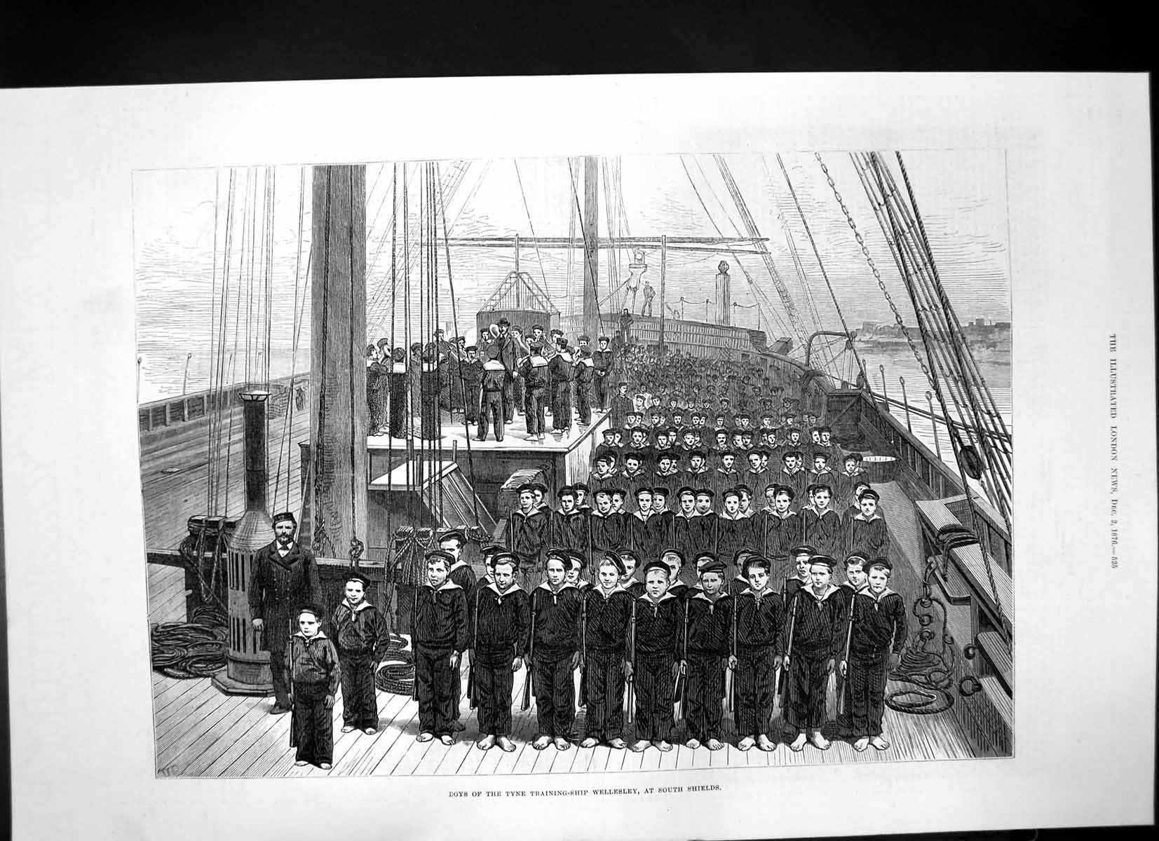 Old Antique Print On Parade Ship Boys Tyne Training Ship Wellesley 1876 19th
