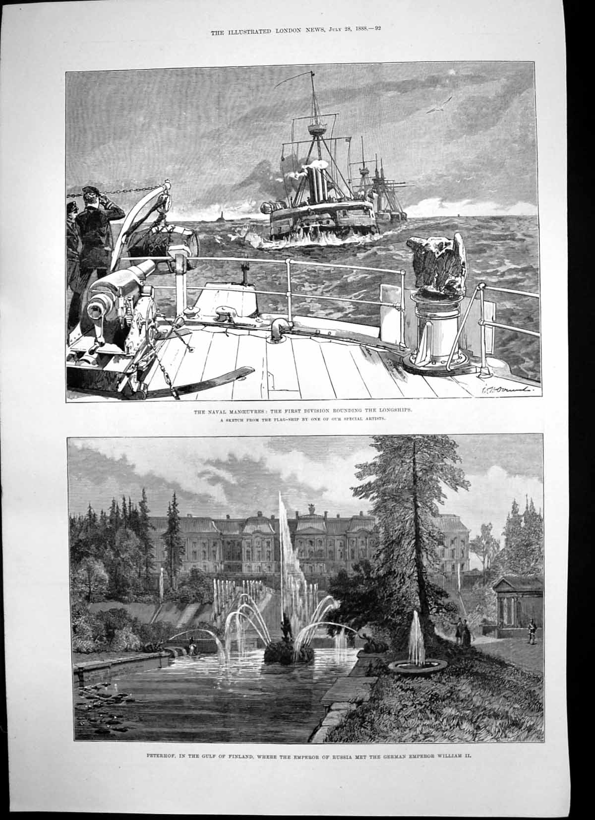 Antique Old Print PeterhGulf Finland Emperor Russia Met German Emperor 1888