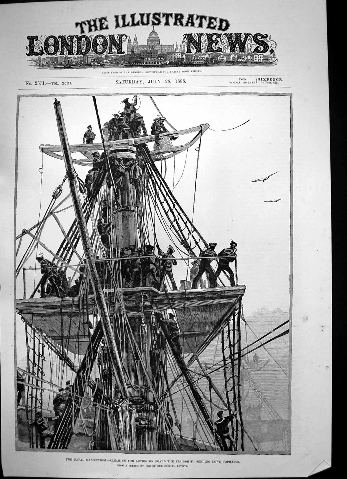 Antique Print Clearing Action On Board Flagship Sending Down Topmasts 1888 19th