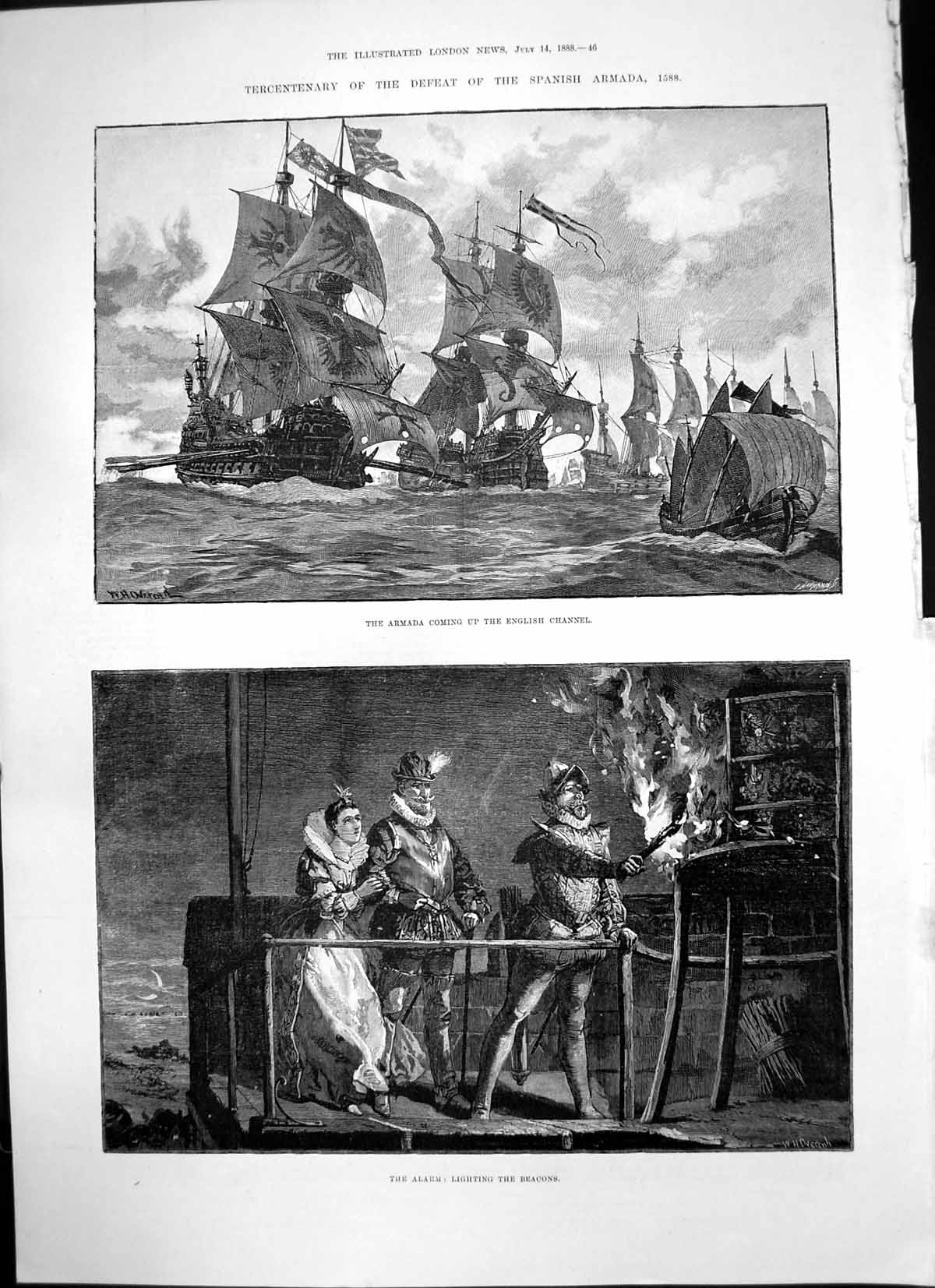 Original Old Antique Print Armada English Channel Alarm Ligthing Beacons 1888