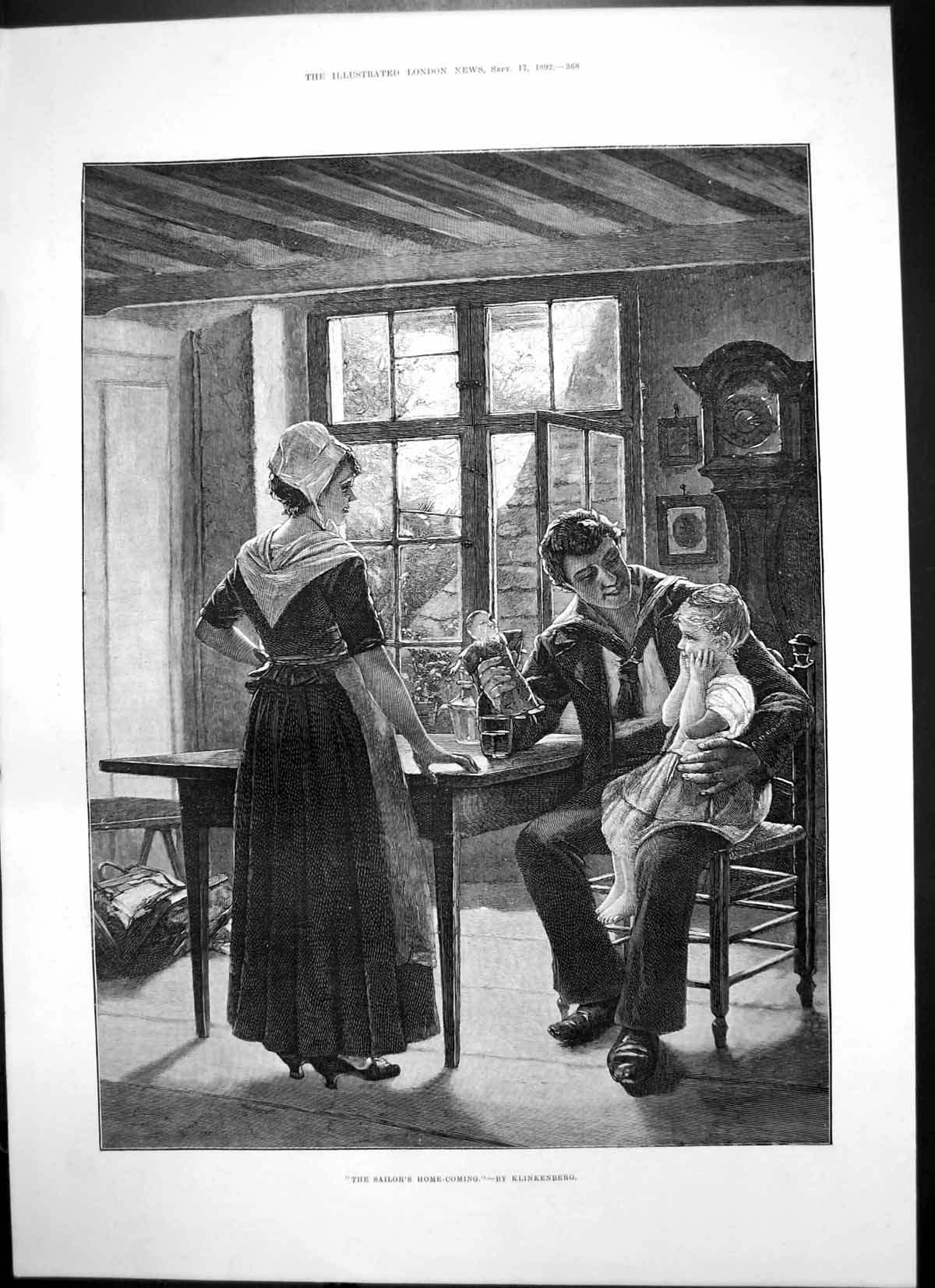 Old Antique Print Sailors Home-Coming Klinkenberg Doll Girl On Knee 1892 19th