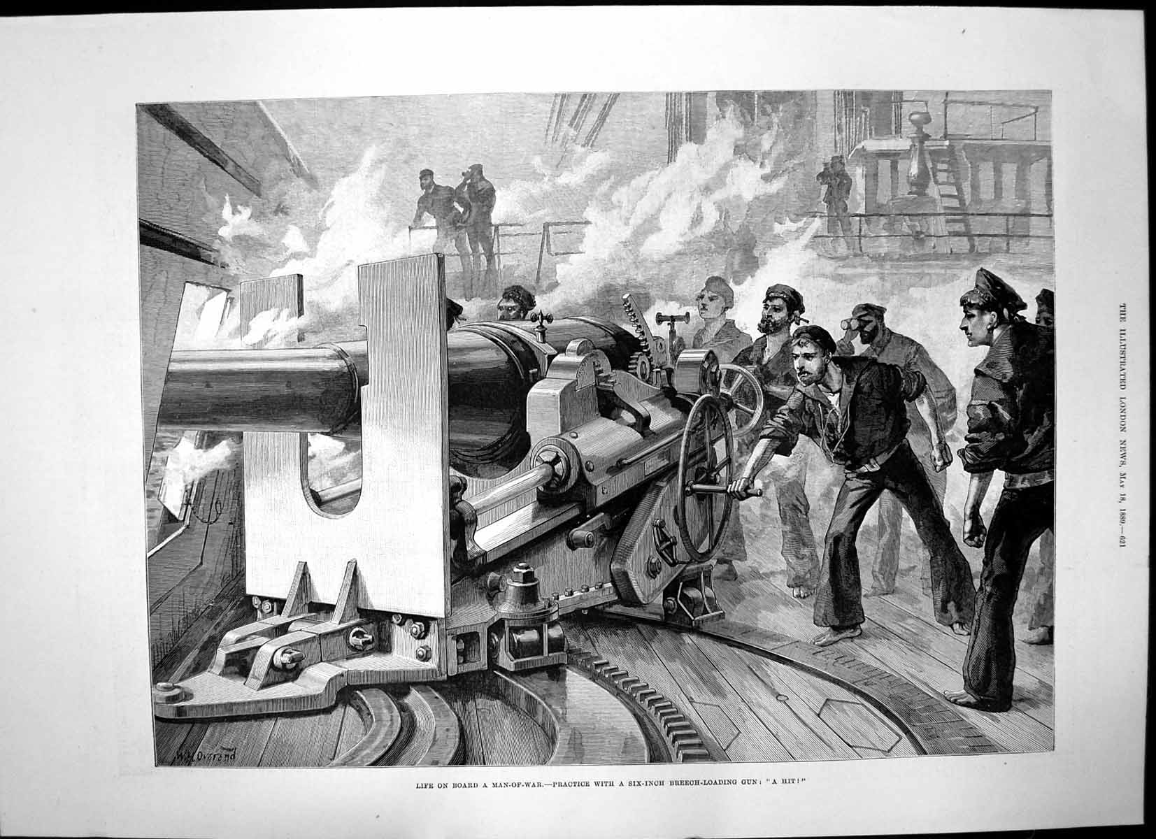 Old Antique Print Practice 6Inch Breech Loading Gun Onboard Man War 1889