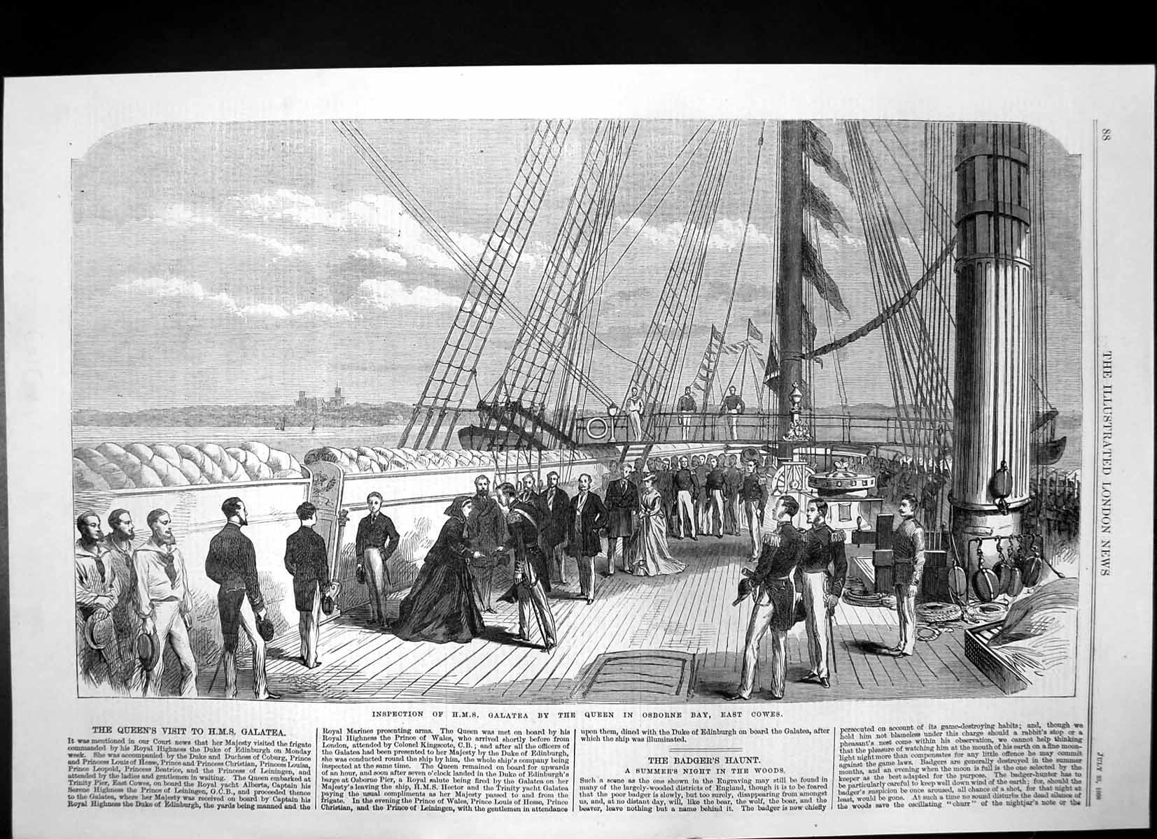 Antique Old Print Inspection Hms Galatea Queen Osborne Bay East Cowes 1868 19th