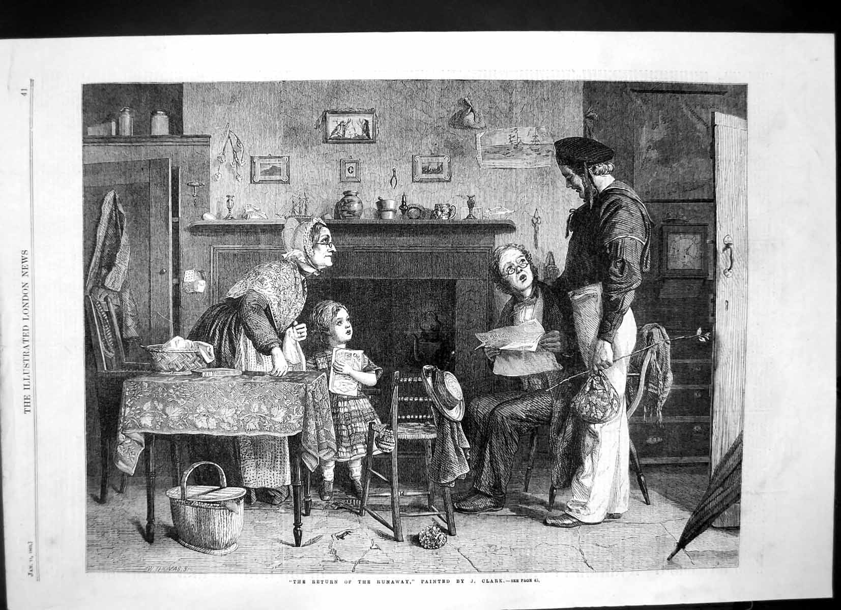 Original Old Antique Print Return Runaway J Clark Sier Home Parents Girl 1862