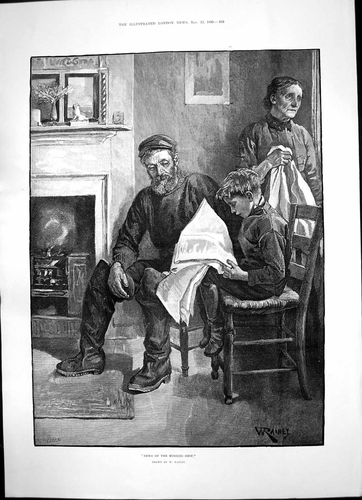 Old Antique Print News Missing Ship Boy Newspaper Lady Watch Window 1890 19th
