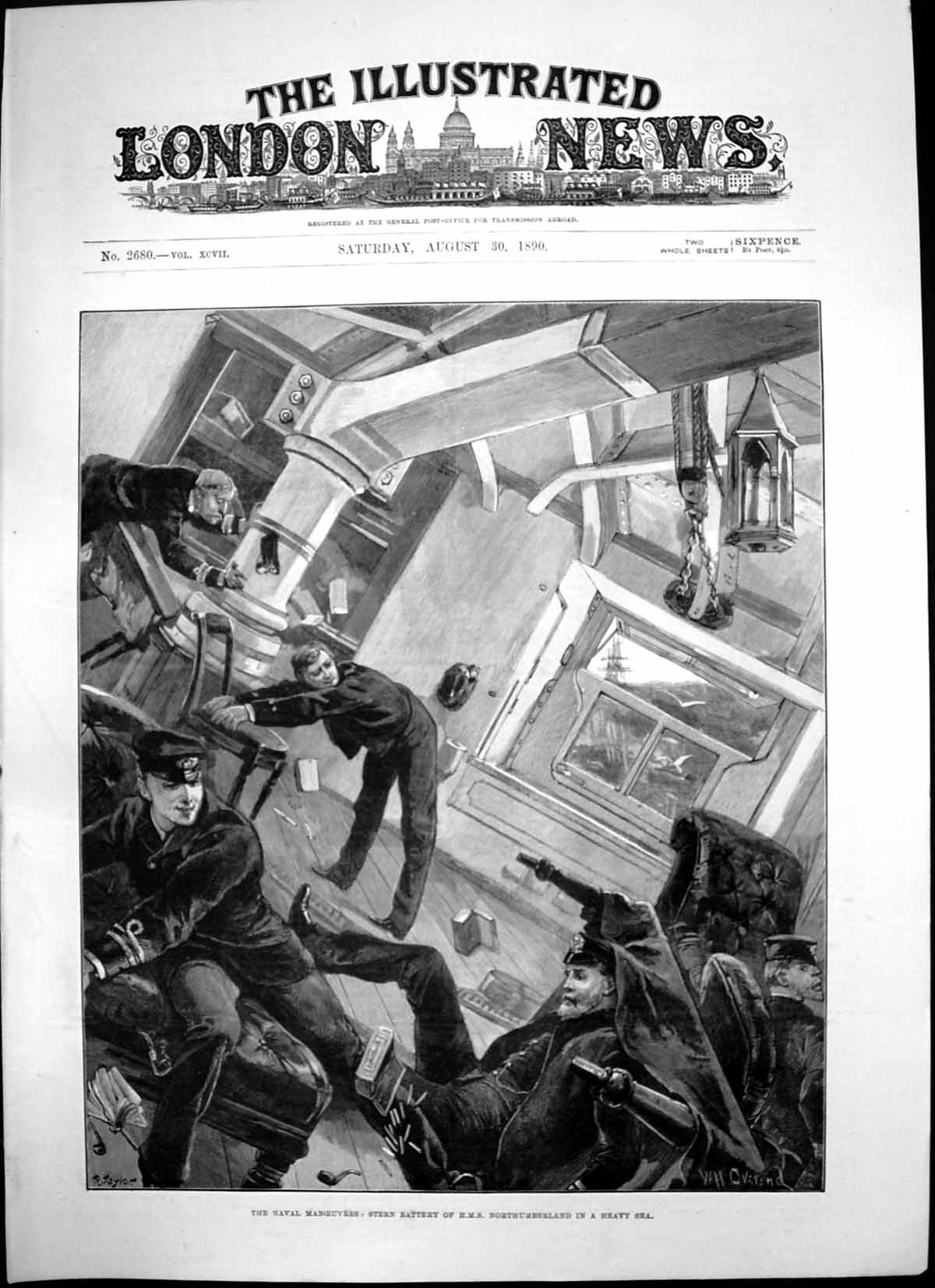 Antique Old Print Naval Manoeuvres Stern Battery Hms Northumberland Sea 1890