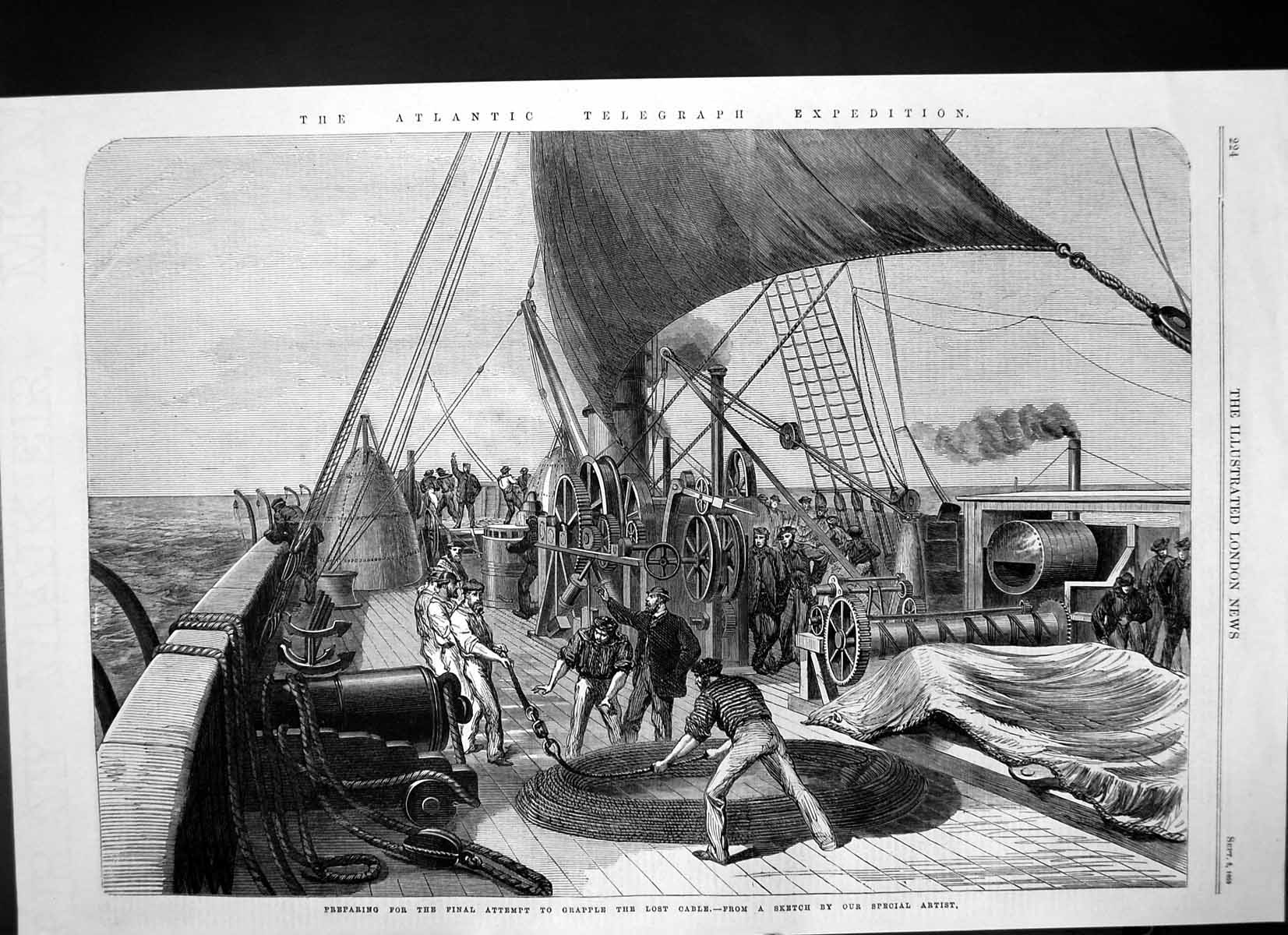 Antique Print Atlantic Telegraph Expedition Attempt Grapple Lost Cable 1865