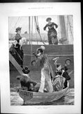 Antique Old Print At Regatta Rc Woodville Minstrels Playing Small Boat 1885