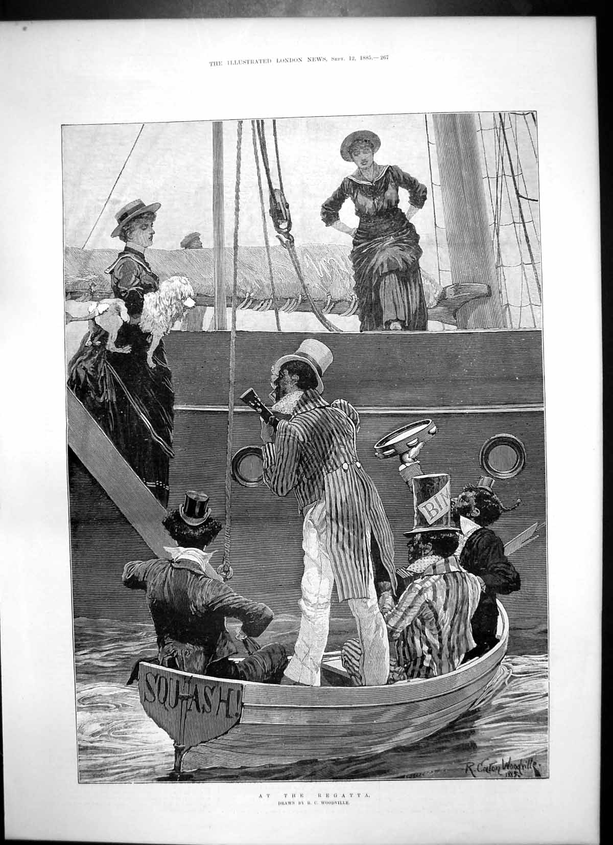 Antique Old Print At Regatta Rc Woodville Minstrels Playing Small Boat 1885