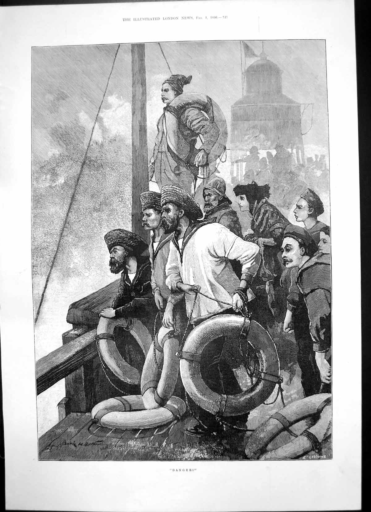 Original Old Antique Print Danger E Gascoine Stormy Sea Sailors Lifebelt 1890