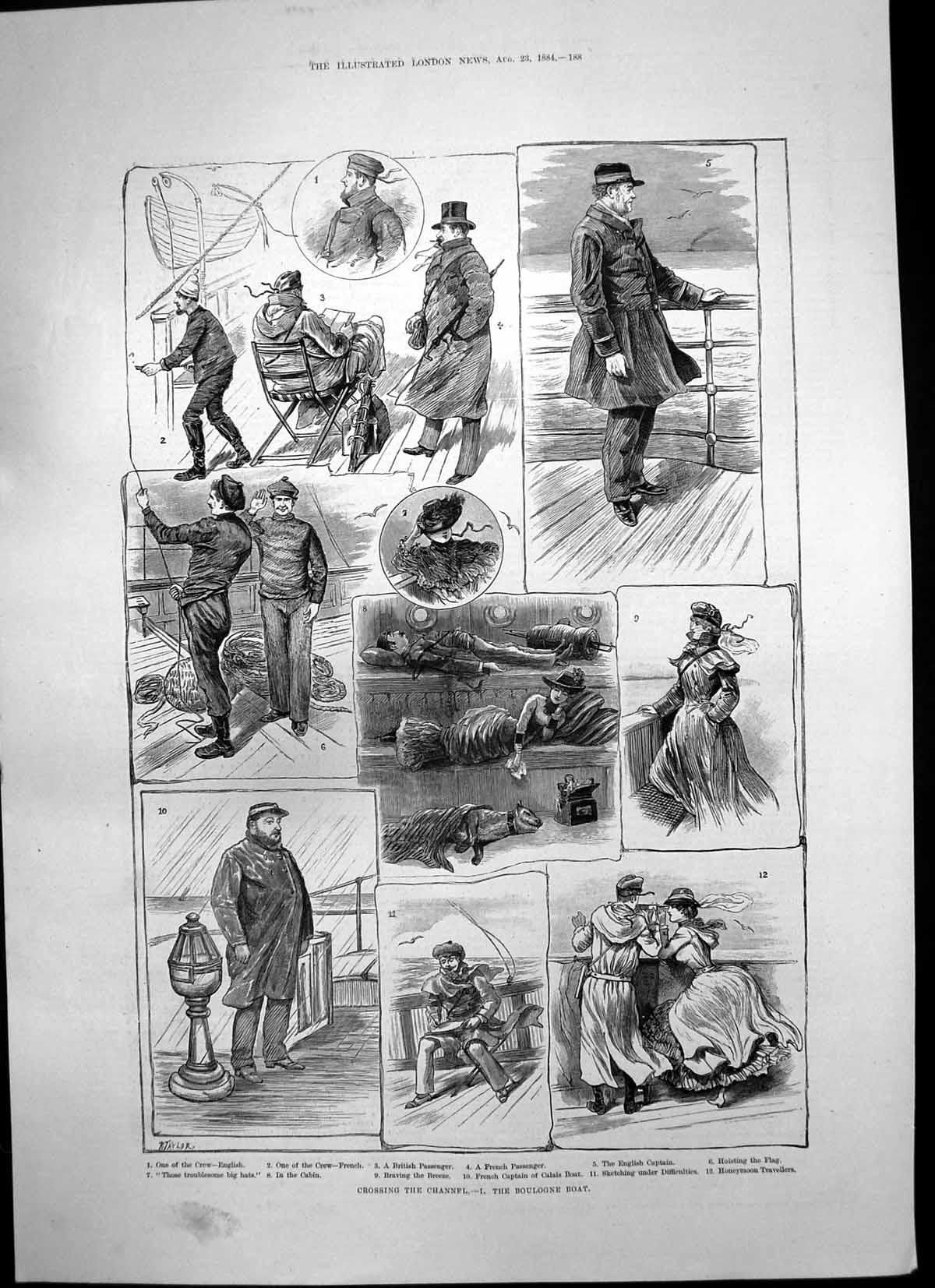 Original Old Antique Print Crossing Channel Boulogne Boat Crew Passengers 1884
