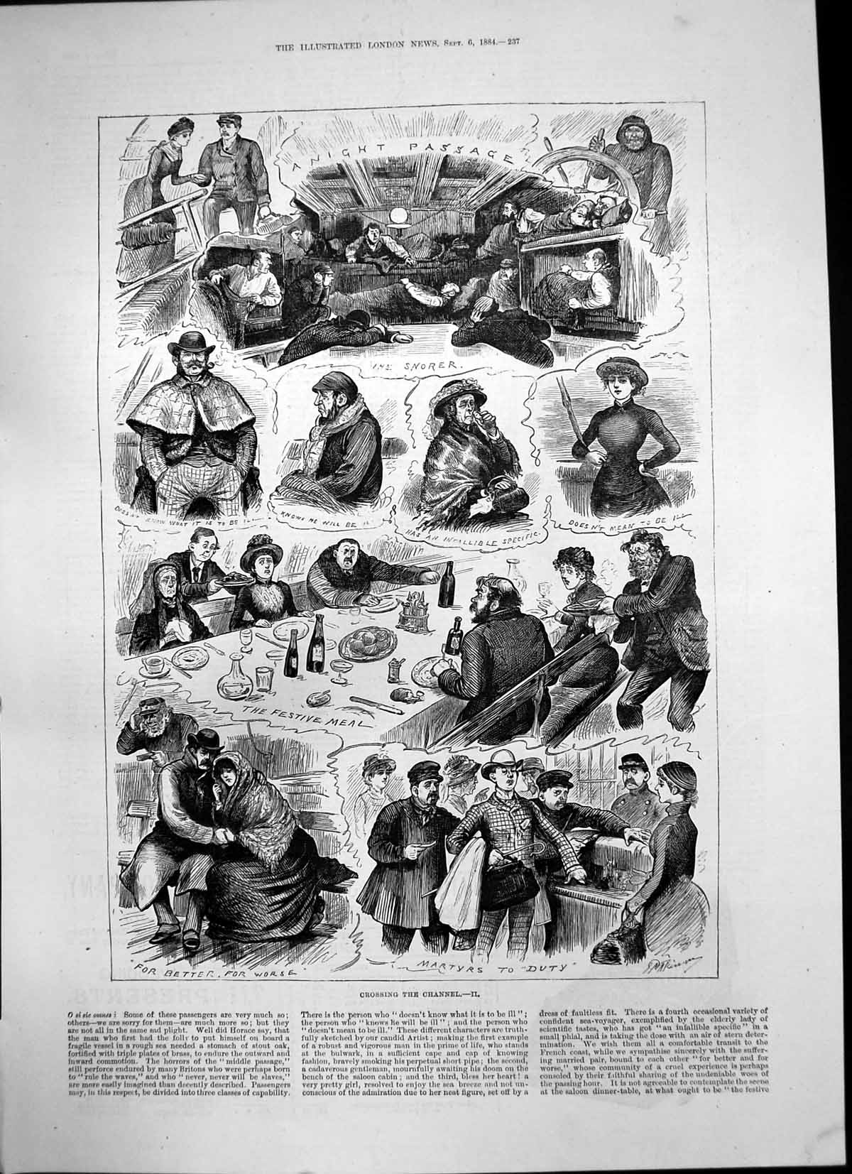 Antique Print Crossing Channel Sketches Night Passage Sick Passengers 1884 19th