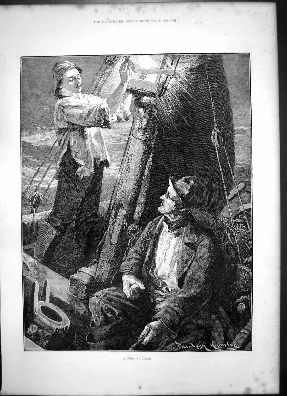 Original Old Antique Print Cheering Gleam Light Shone Sailor Small Boat 1883