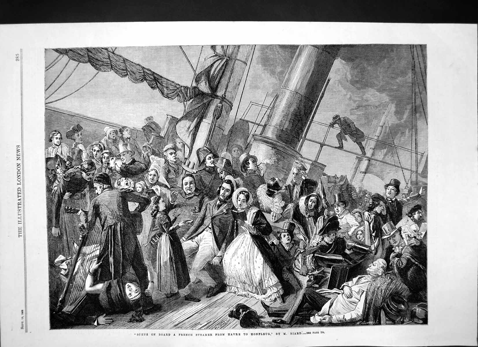 Original Old Antique Print Scene On Board French Steamer Havre Honfleur 1863