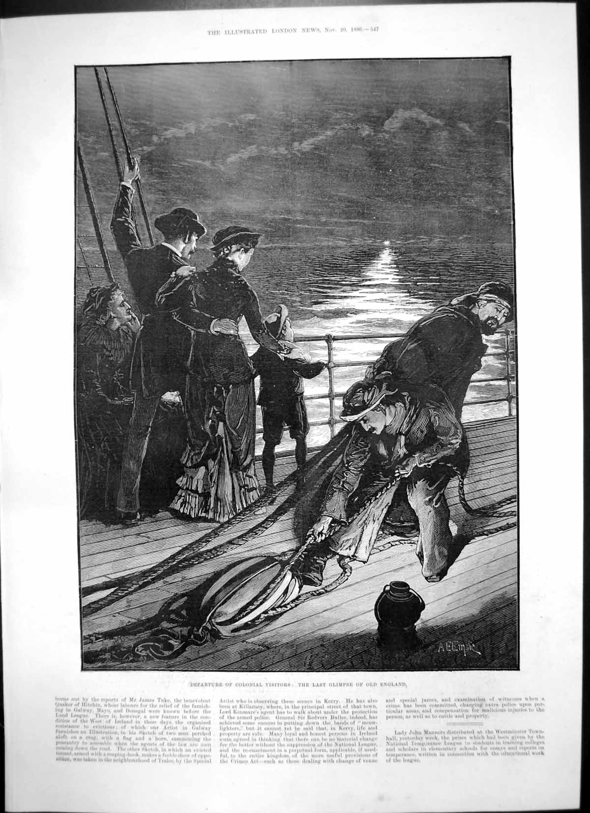 Antique Old Print Departure Colonial Visitors Last Glimpse England Ship 1886