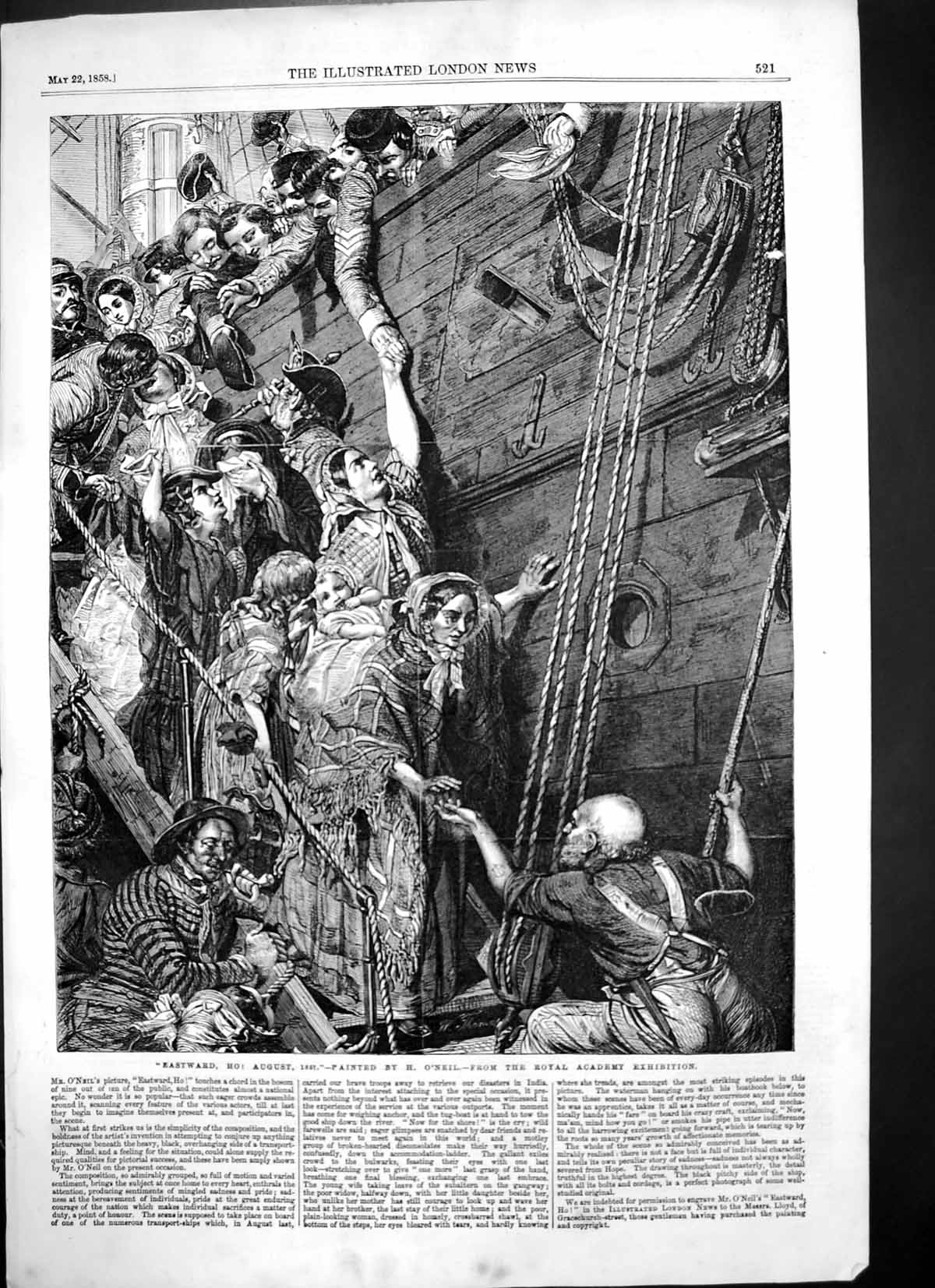 Old Antique Print Eastward Ho H O'Neil Troops Leaving Transport Ship 1858 19th