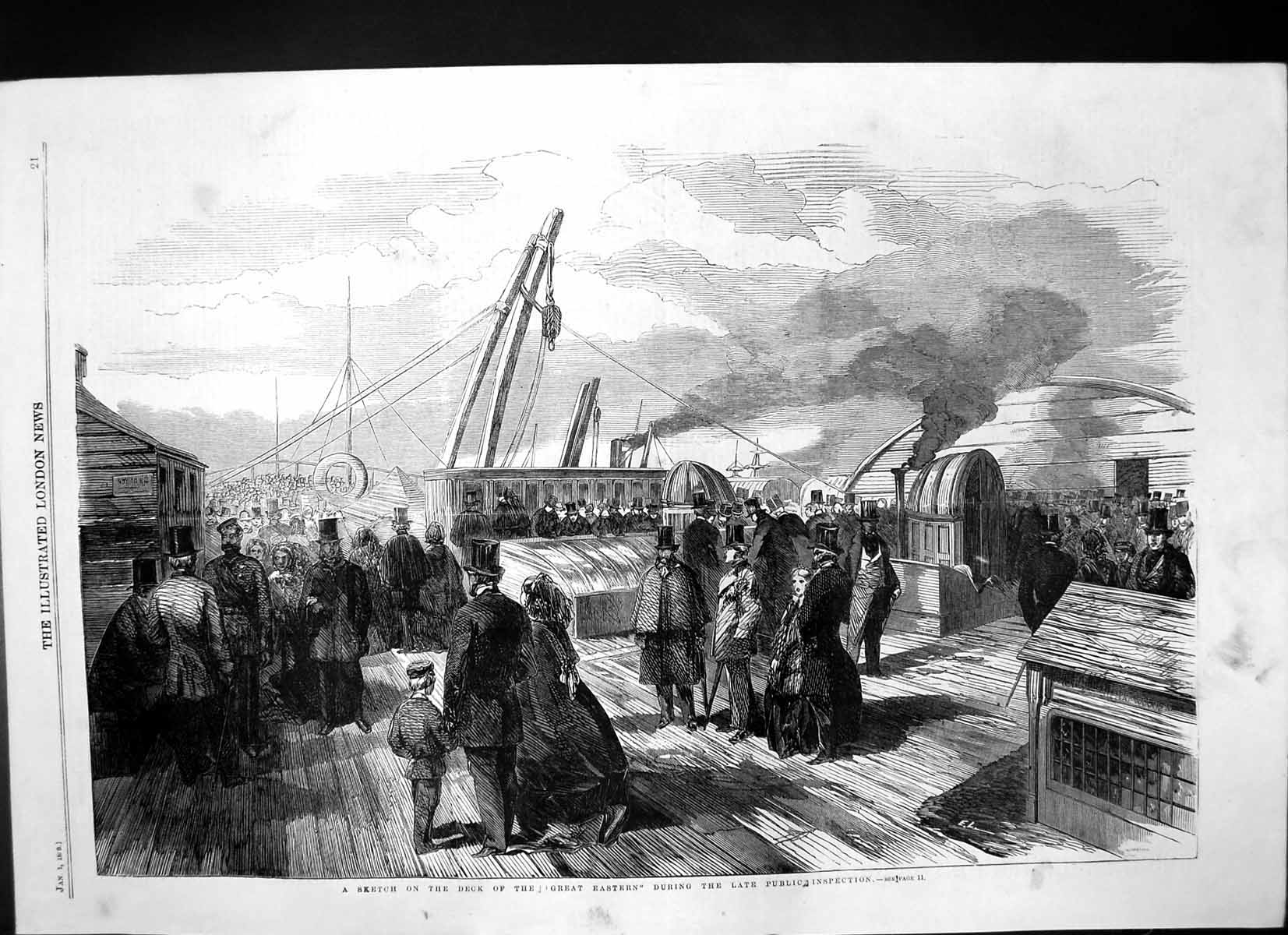 Old Antique Print Deck Great Eastern During Late Public Inspection 1859 19th