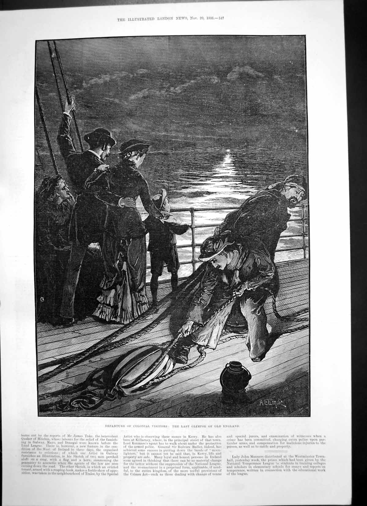 Antique Old Print Last Glimpse England Colonial Passengers Onboard Ship 1886