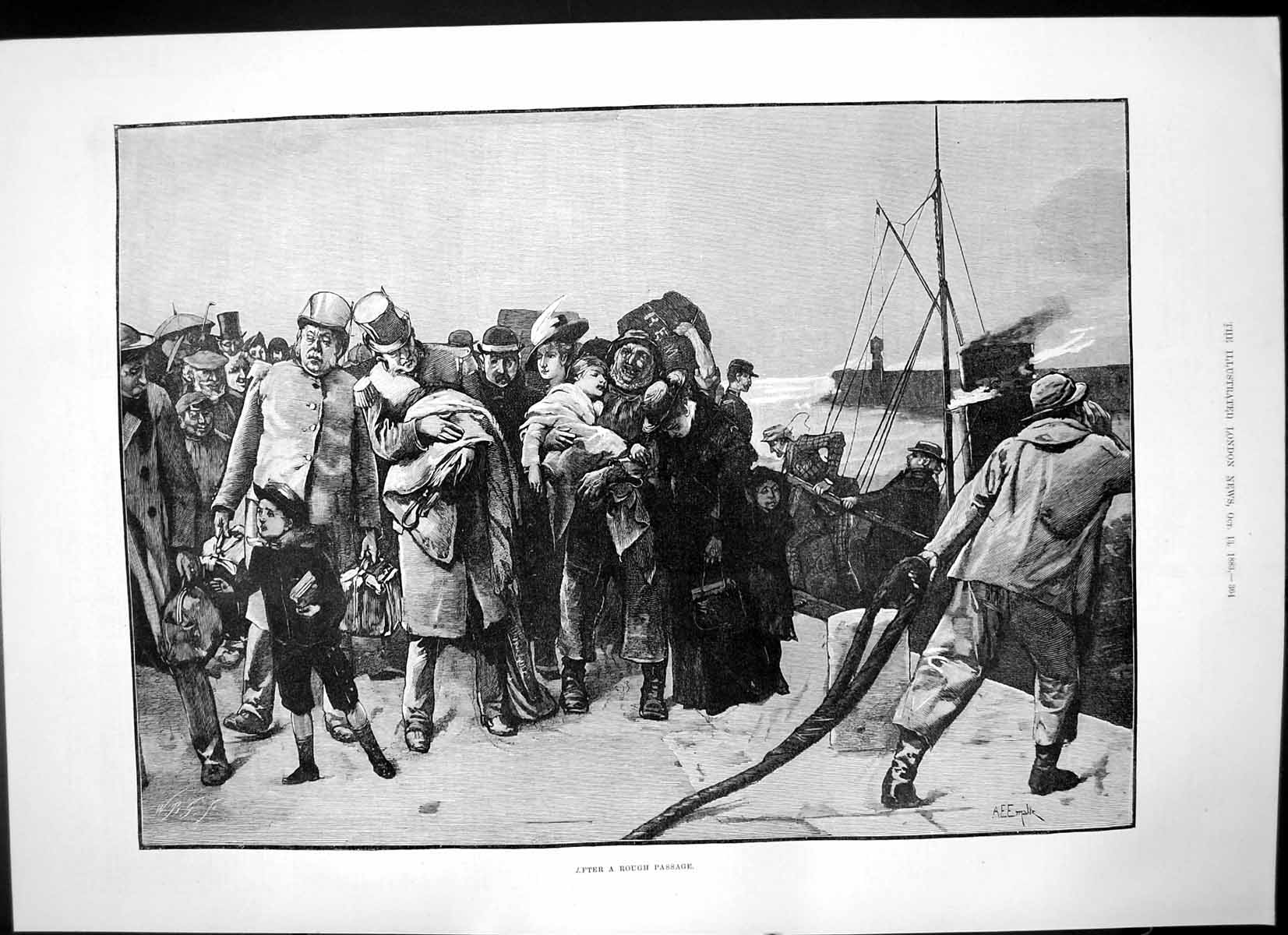 Antique Old Print Group Passengers Arrive Pier After Rough Passage Sea 1883
