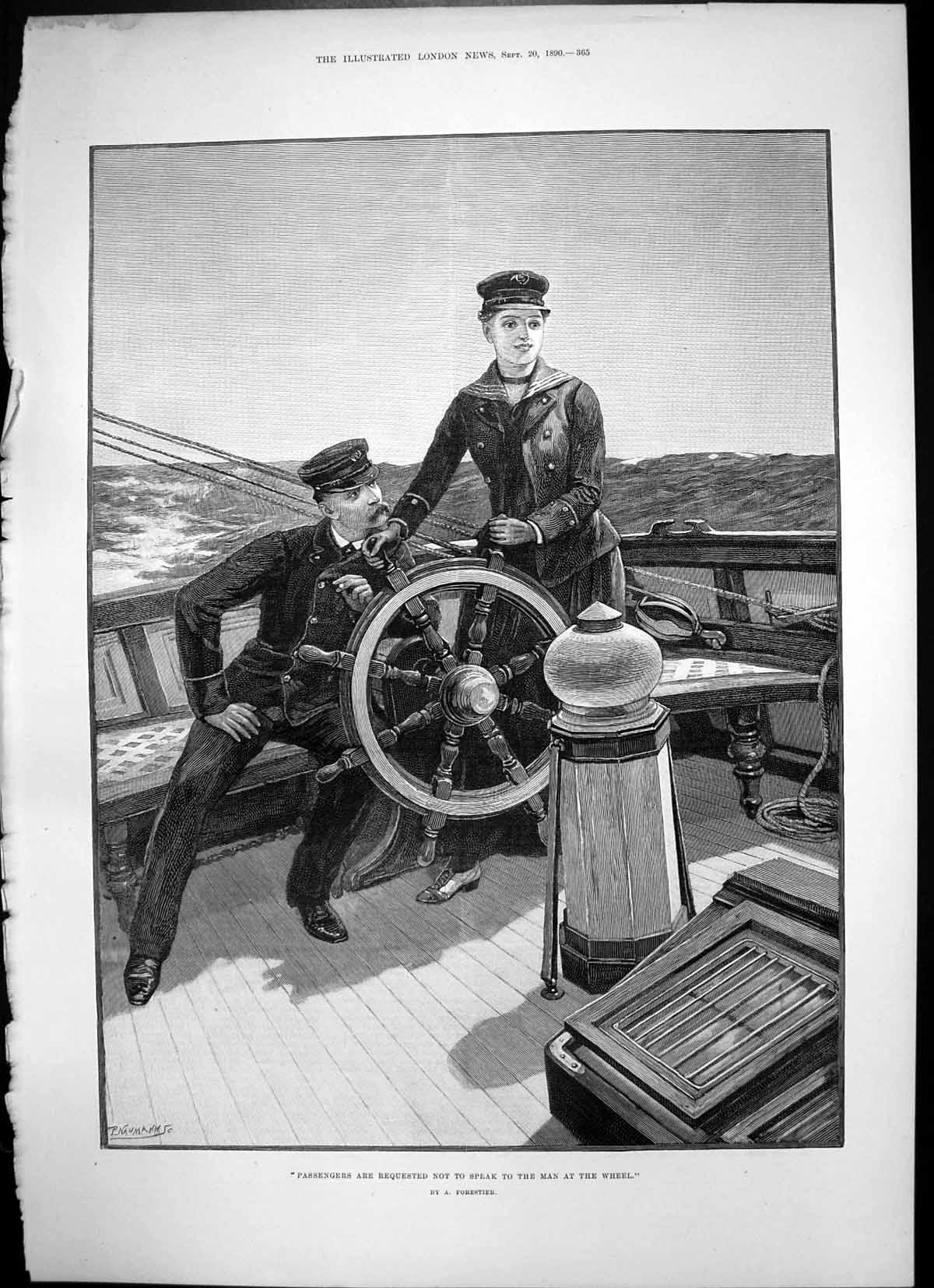 Original Old Antique Print Passengers Requested Not Speak Man Wheel Ship 1890