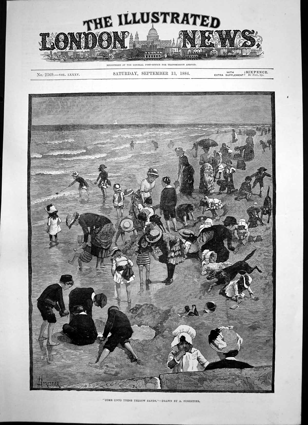 Antique Old Print Come Under These Yellow Sands A Forestier Crowds Beach 1884