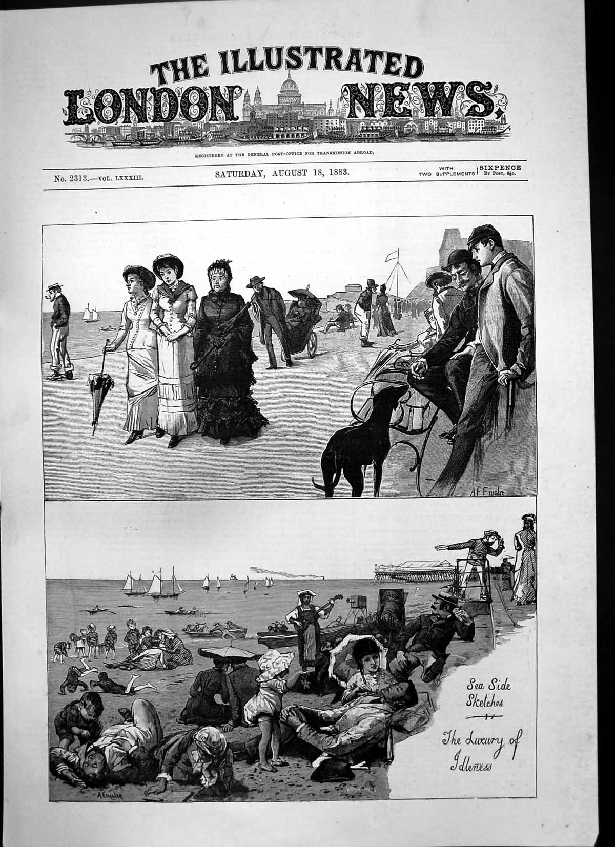 Old Print Sea Side Sketches Luxury Idleness Playing Sand Sun Bathing 1883 19th