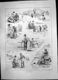 Antique Old Print Seaside Sketches Building Sandcastles Swiming Paddling 1888