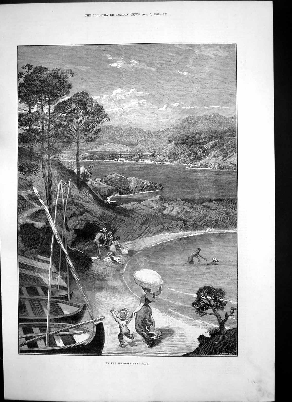 Old Antique Print By Sea Rocky Cove Women Children Bathing Swiming 1881 19th